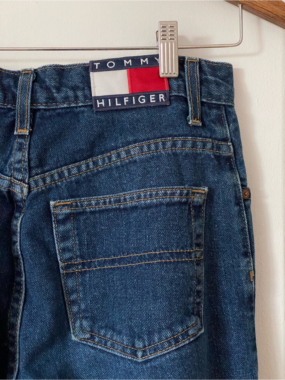 Vintage 90s Tommy Hilfiger Dark Blue Straight Leg Jeans Distressed Raw Hem 27